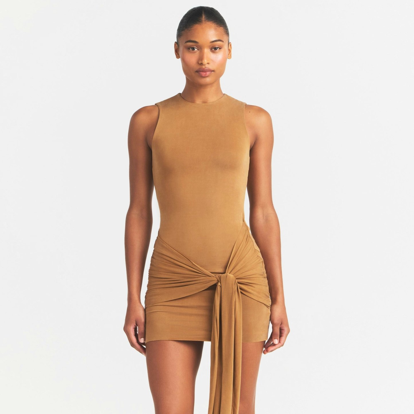 CUPRO JERSEY WRAP MINI DRESS - ALMOND - image 7