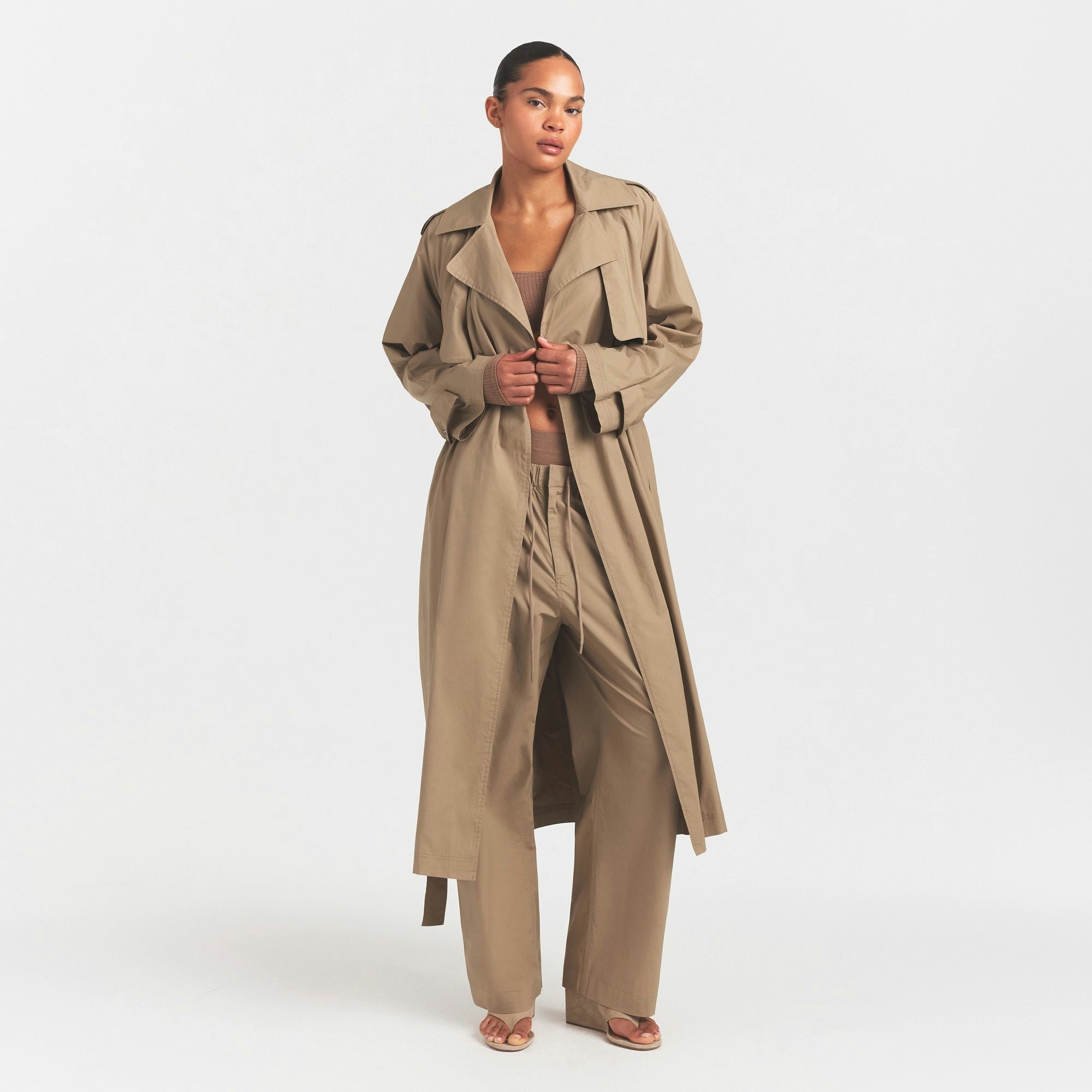 WOVEN COTTON OVERSIZED TRENCH COAT - DESERT