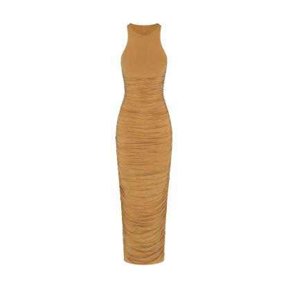 CUPRO JERSEY RUCHED LONG DRESS - ALMOND - image 12