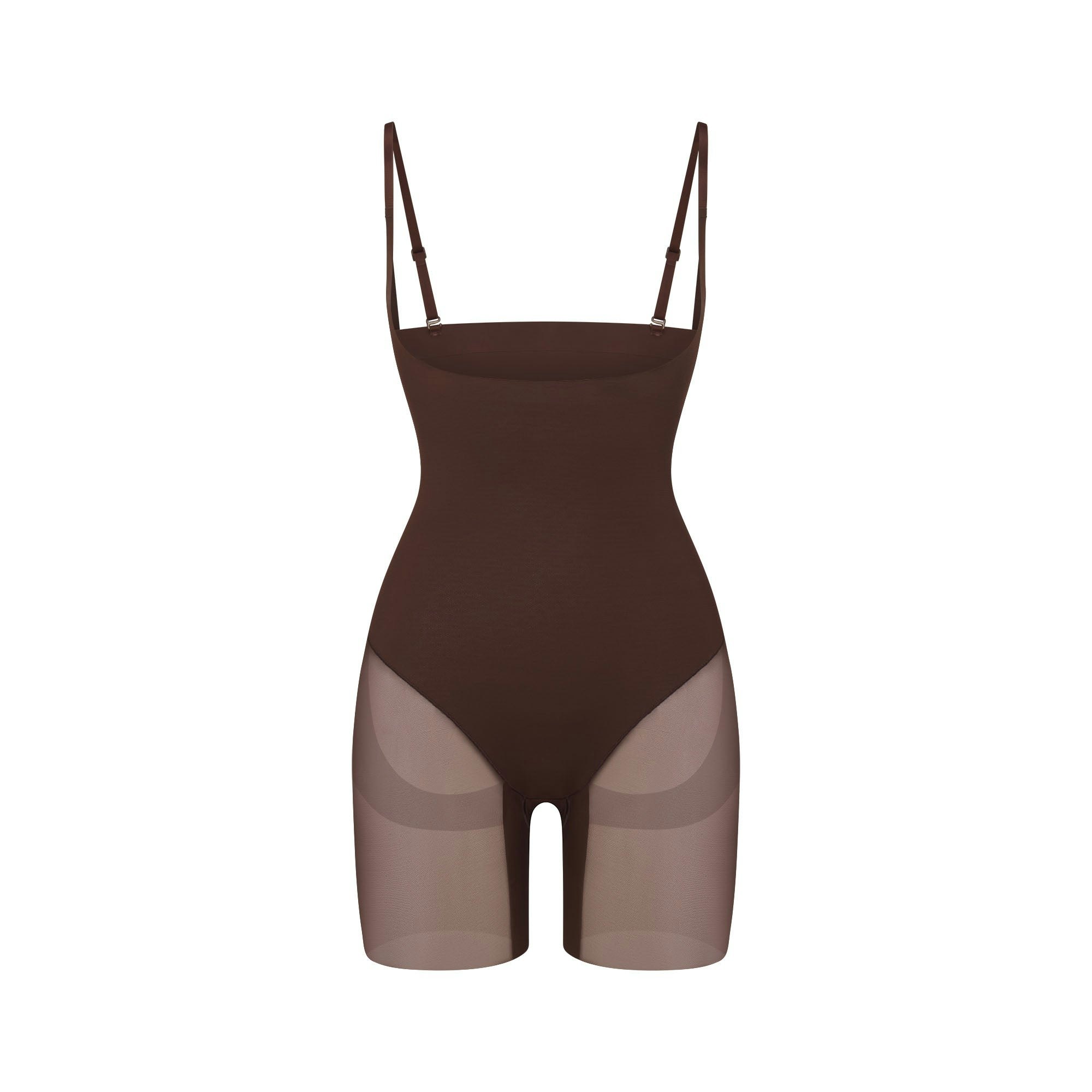 POWER MESH SHAPEWEAR CORE SCULPT OPEN BUST MID THIGH BODYSUIT - COCOA
