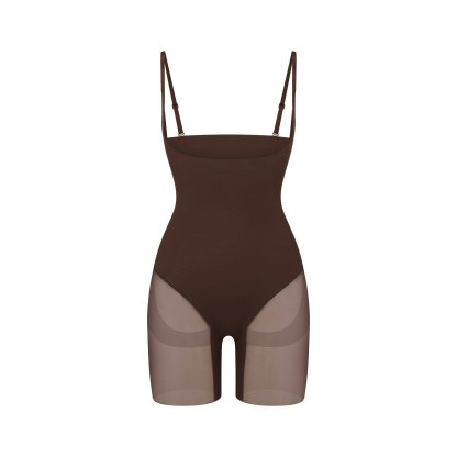 POWER MESH SHAPEWEAR CORE SCULPT OPEN BUST MID THIGH BODYSUIT - COCOA