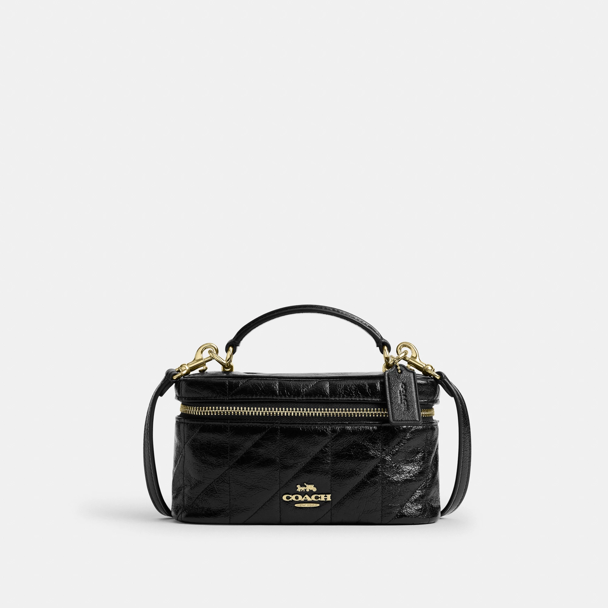 COACH®,Rainer Crossbody Bag 18 With Quilting,Recycled Polyester,Leather,Crossbody,Logo,Quilted,Sustainable,Adjustable,Gold...,Black,Front View