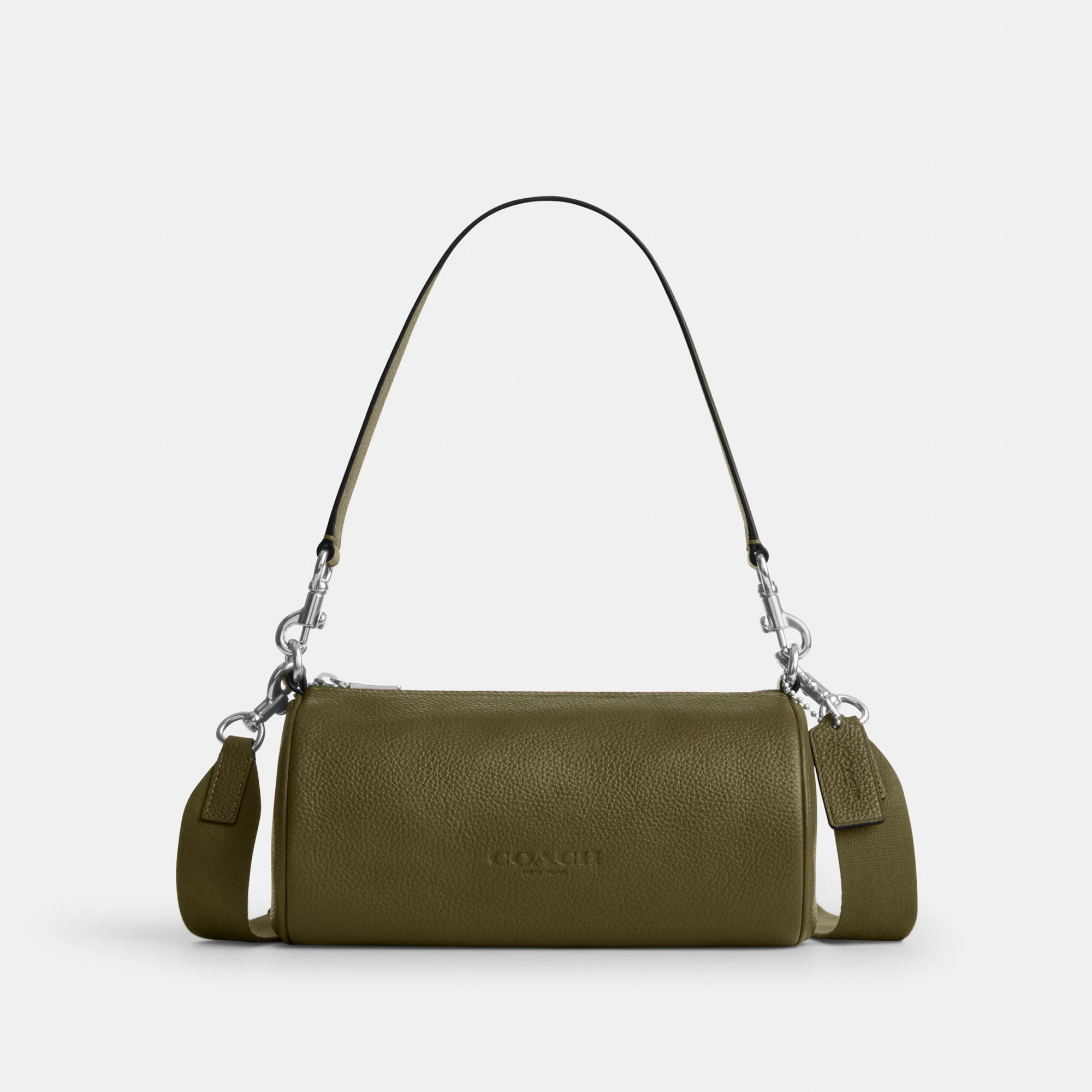 COACH®,Andre Barrel Bag 24,Recycled Polyester,Leather,Barrel Bag,Logo,Adjustable,Sustainable,Silver Metal,Casual,Olive,Front View