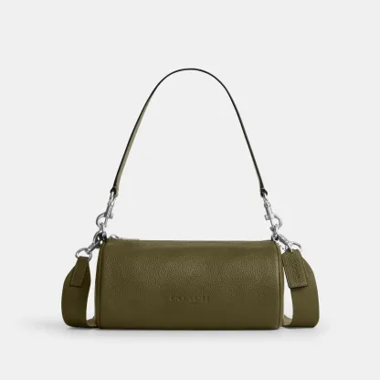 COACH®,Andre Barrel Bag 24,Recycled Polyester,Leather,Barrel Bag,Logo,Adjustable,Sustainable,Silver Metal,Casual,Olive,Front View