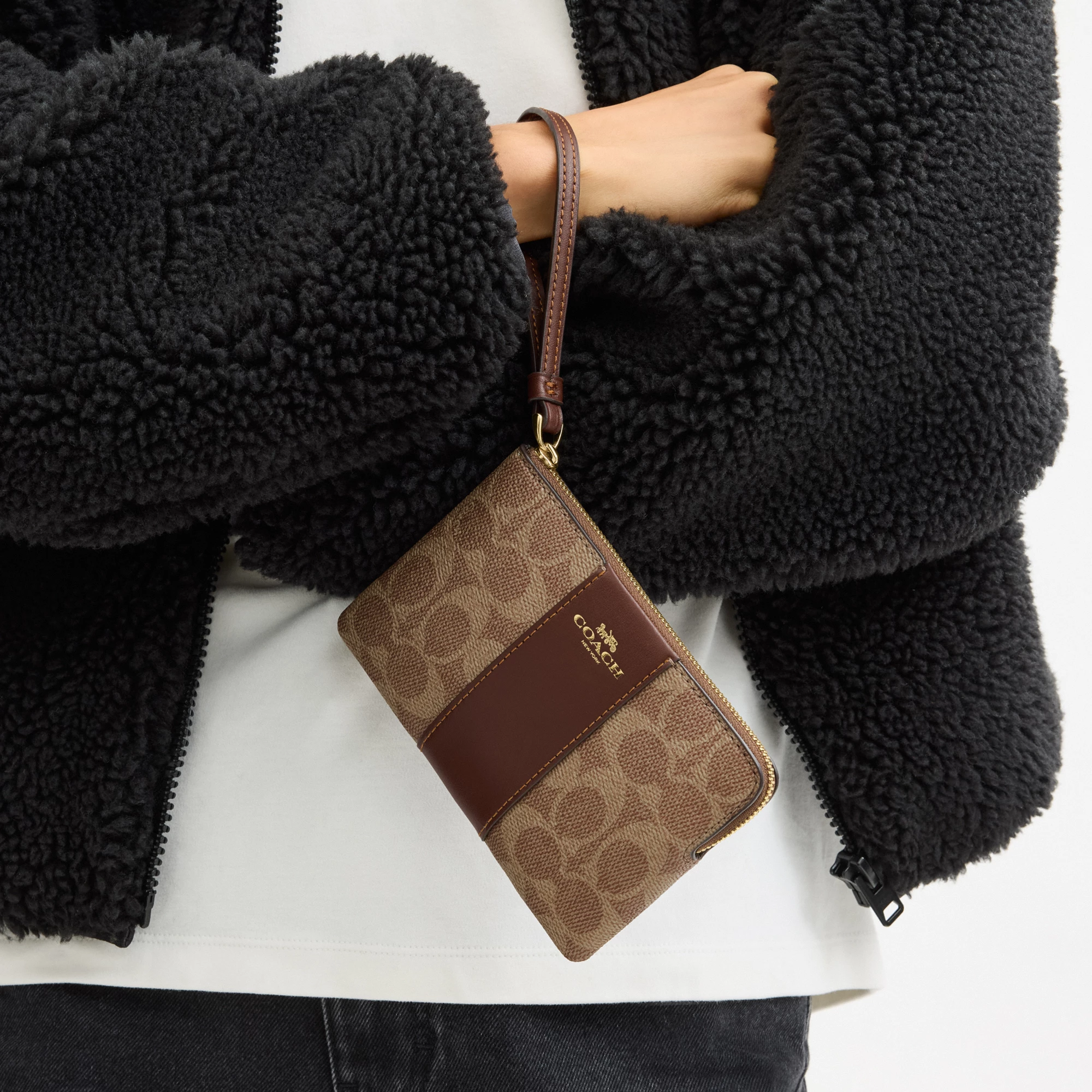 COACH®,Corner Zip Wristlet In Signature Canvas With Stripe,Wristlet,Pouch,Color Block,Casual,Brown,Detail View