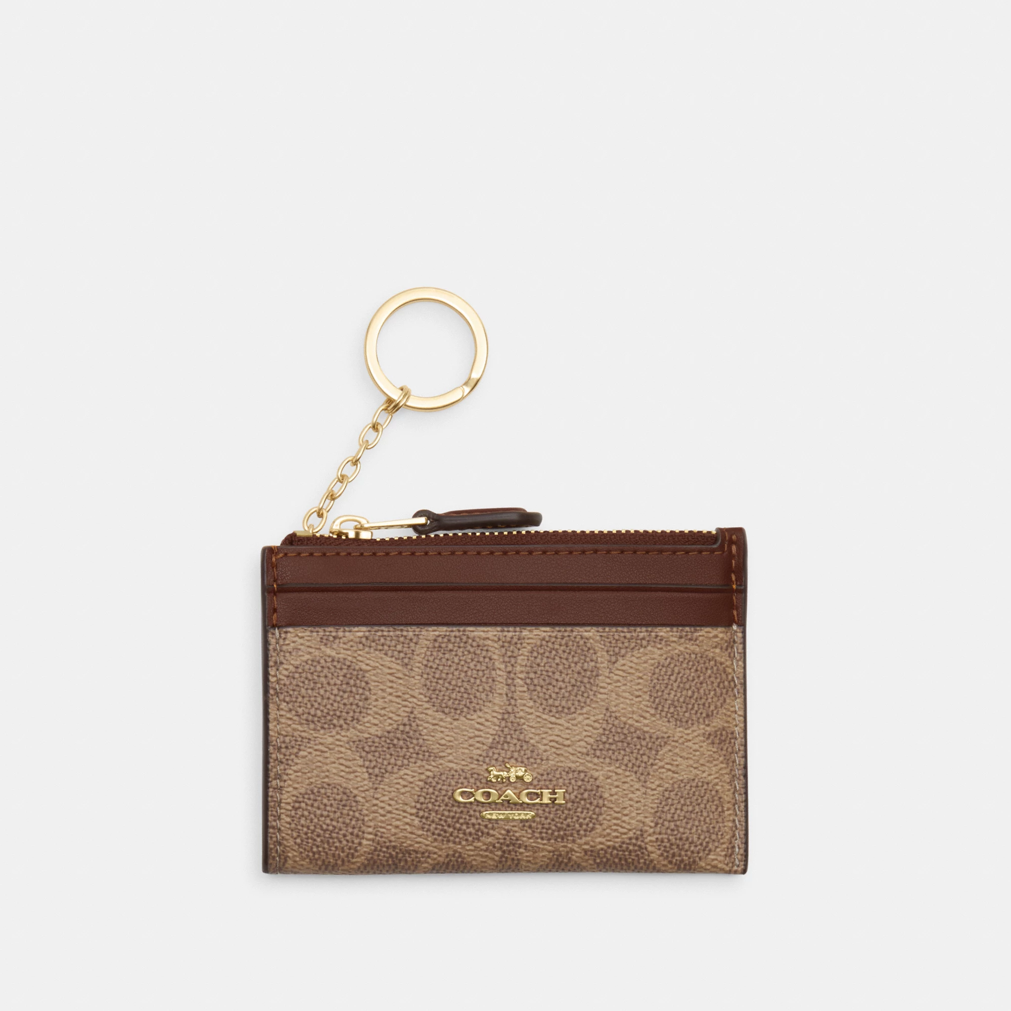 COACH®,Mini Skinny Id Case In Signature Canvas,Card Case,Metal,Color Block,Logo,Sustainable,Key Ring,Casual,Brown,Front View