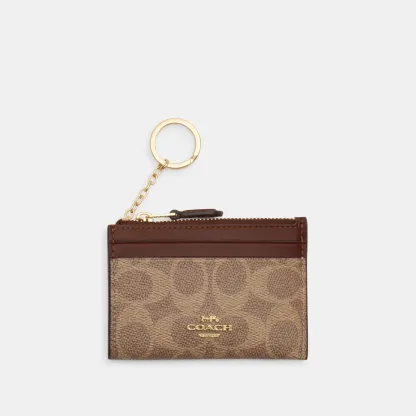 COACH®,Mini Skinny Id Case In Signature Canvas,Card Case,Metal,Color Block,Logo,Sustainable,Key Ring,Casual,Brown,Front View