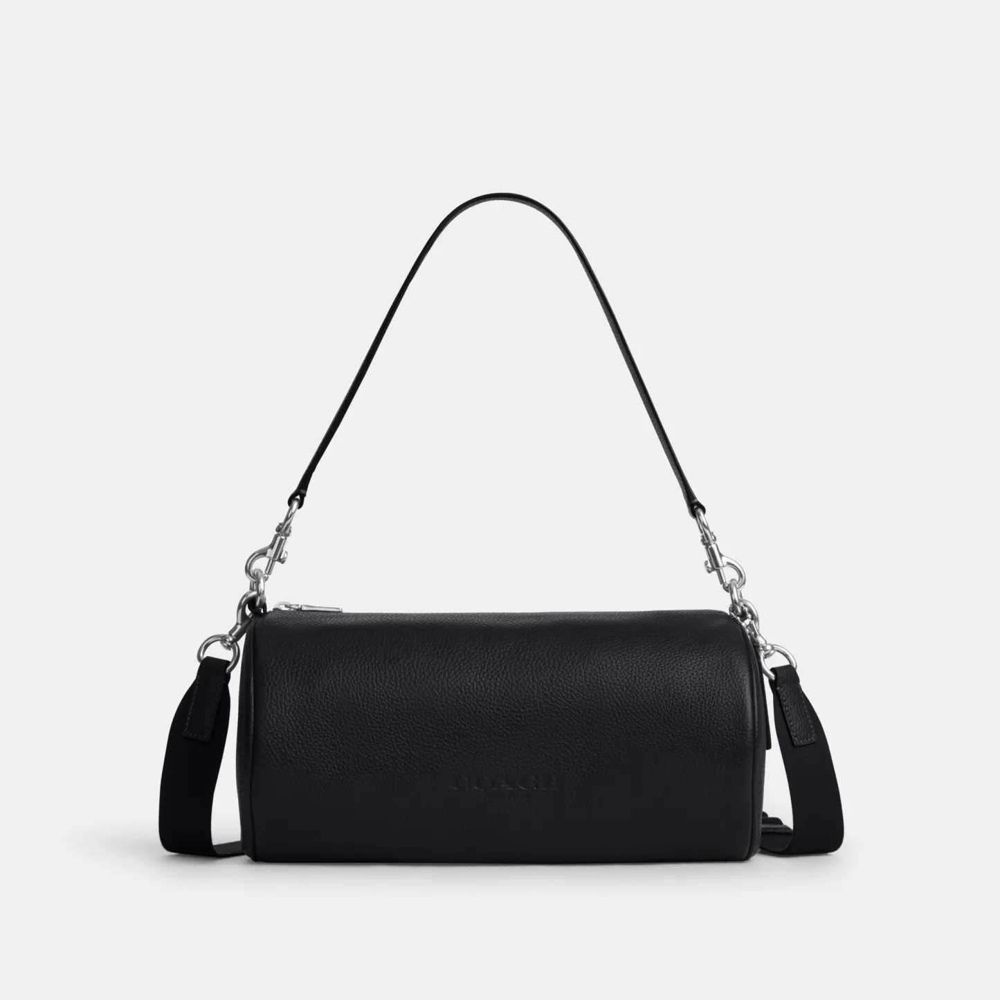 COACH®,Andre Barrel Bag 30,Leather,Recycled Polyester,Barrel Bag,Adjustable,Sustainable,Convertible,Durable Fabric,Silver ...,Black,Front View
