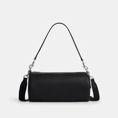 COACH®,Andre Barrel Bag 30,Leather,Recycled Polyester,Barrel Bag,Adjustable,Sustainable,Convertible,Durable Fabric,Silver ...,Black,Front View