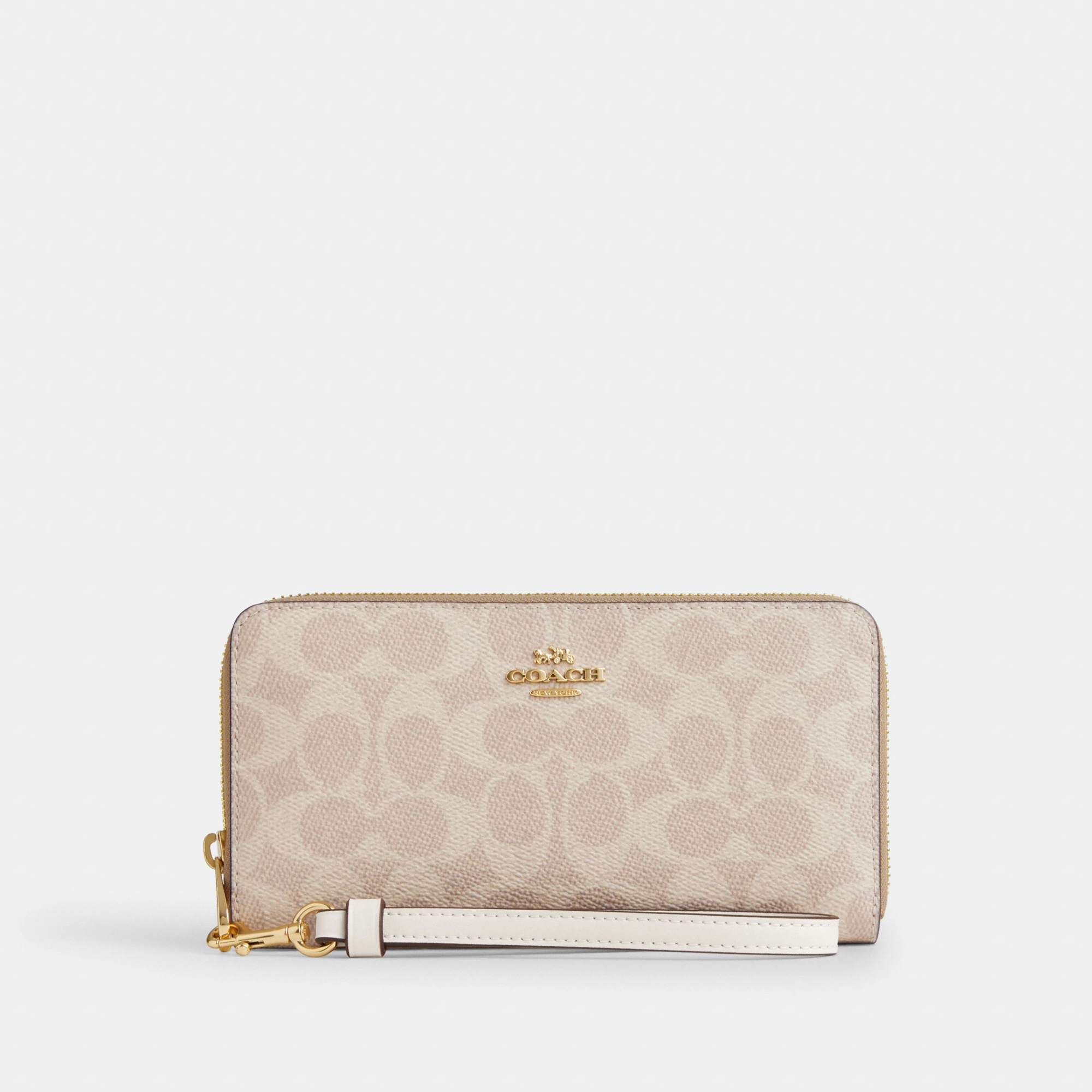 COACH®,Long Zip Around Wallet In Signature Canvas,Continental,Coin,Sustainable,Casual,Beige,Front View