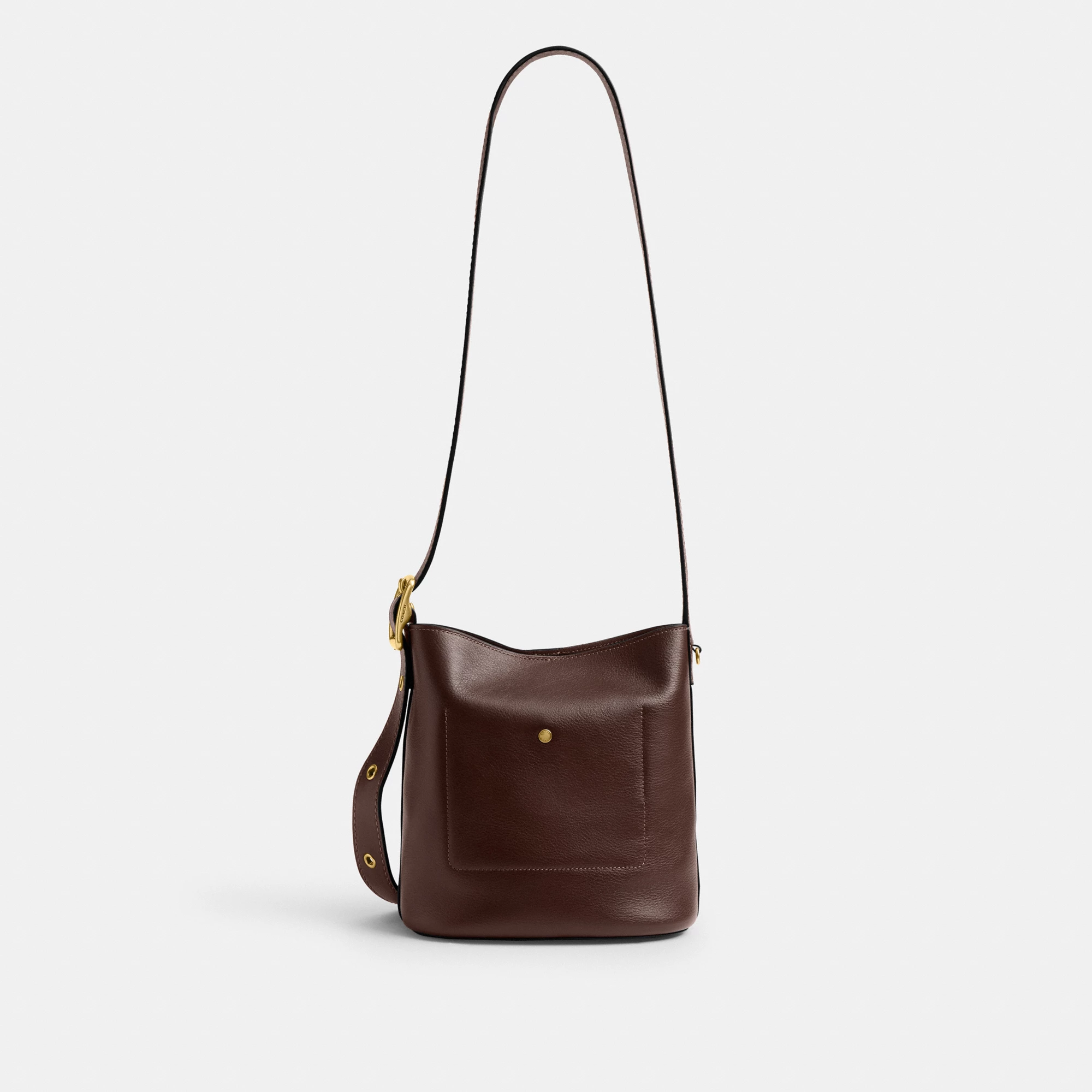 COACH®,Bleecker Bucket Bag 21,Leather,Bucket,Adjustable,Compact,Removable Pouch,Gold Metal,Casual,Brown,Back View
