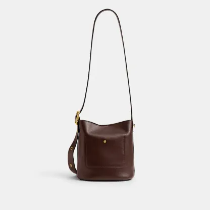 COACH®,Bleecker Bucket Bag 21,Leather,Bucket,Adjustable,Compact,Removable Pouch,Gold Metal,Casual,Brown,Back View