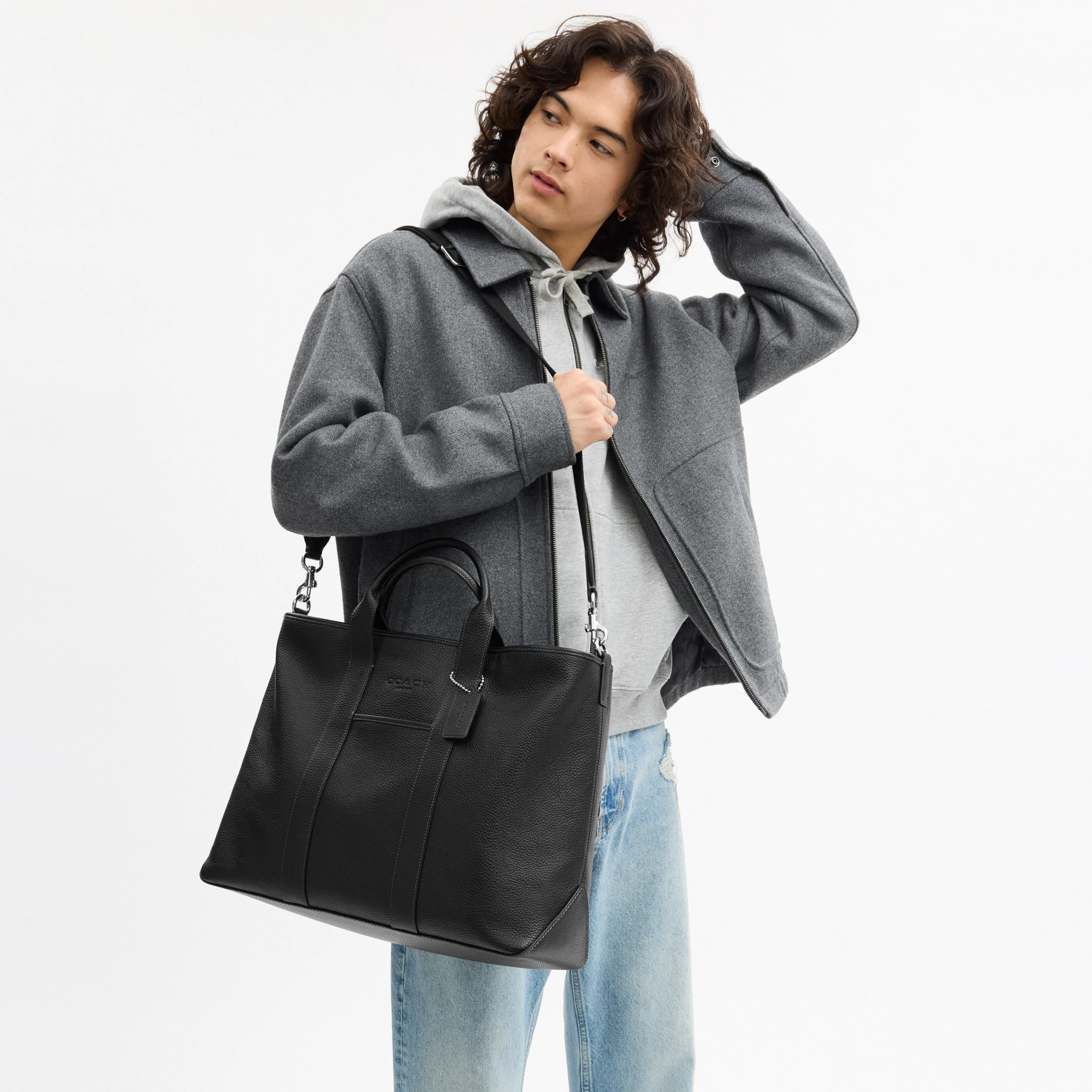 COACH®,Grayson Tote Bag,Leather,Recycled Polyester,Tote,Sustainable,Silver Metal,Work, Father's Day,Black,Detail View