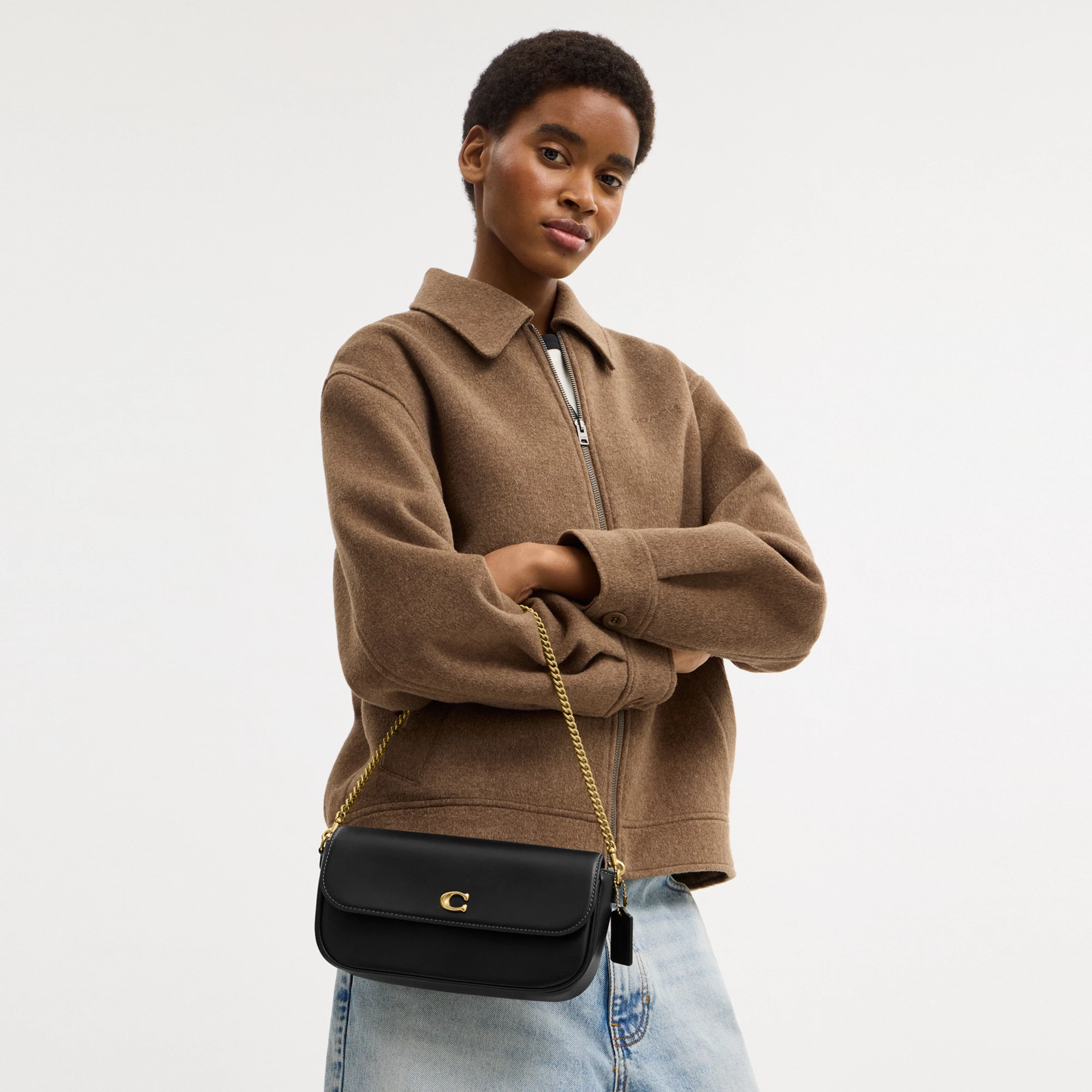 COACH®,Brook Flap Chain Bag,Calfskin Leather,Leather,Fabric,Shoulder Bag,Logo,Metal,Compact,Adjustable,Shoulder Guard,Gold...,Black,Detail View