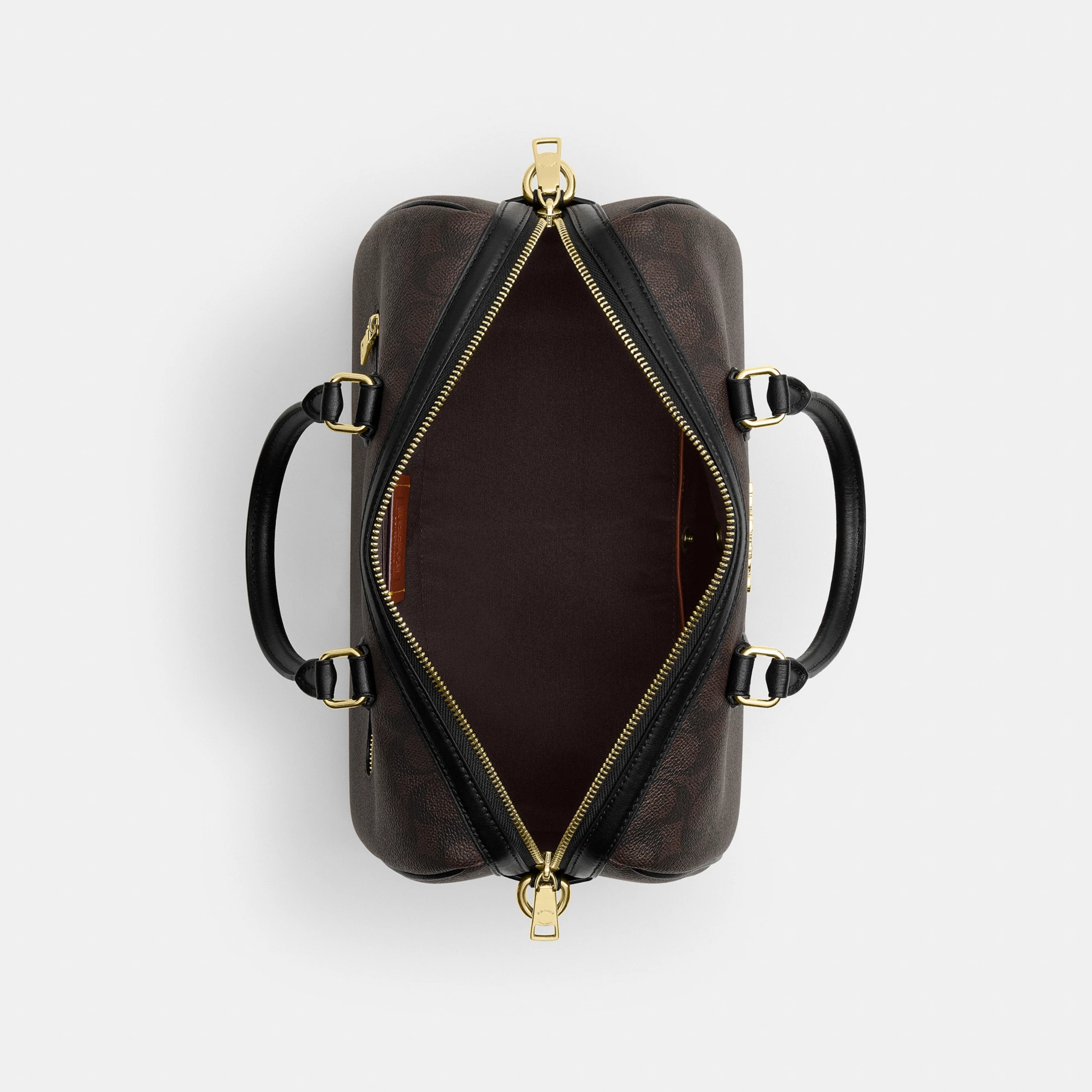 COACH®,Rowan Large Satchel Bag In Signature Canvas,Polyester,Leather,Canvas,Recycled Polyester,Satchel,Logo,Sustainable,Ad...,Brown,Inside View,Top View