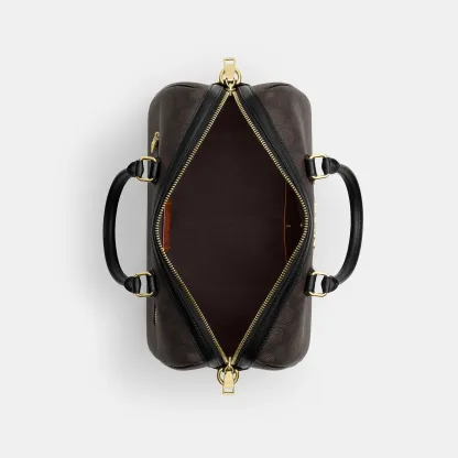 COACH®,Rowan Large Satchel Bag In Signature Canvas,Polyester,Leather,Canvas,Recycled Polyester,Satchel,Logo,Sustainable,Ad...,Brown,Inside View,Top View