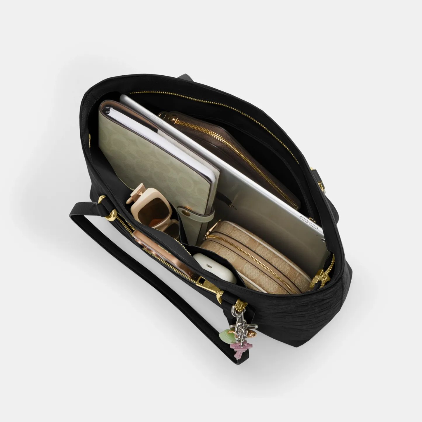 COACH®,Station Tote Bag In Signature Leather,Black,Inside View,Top View