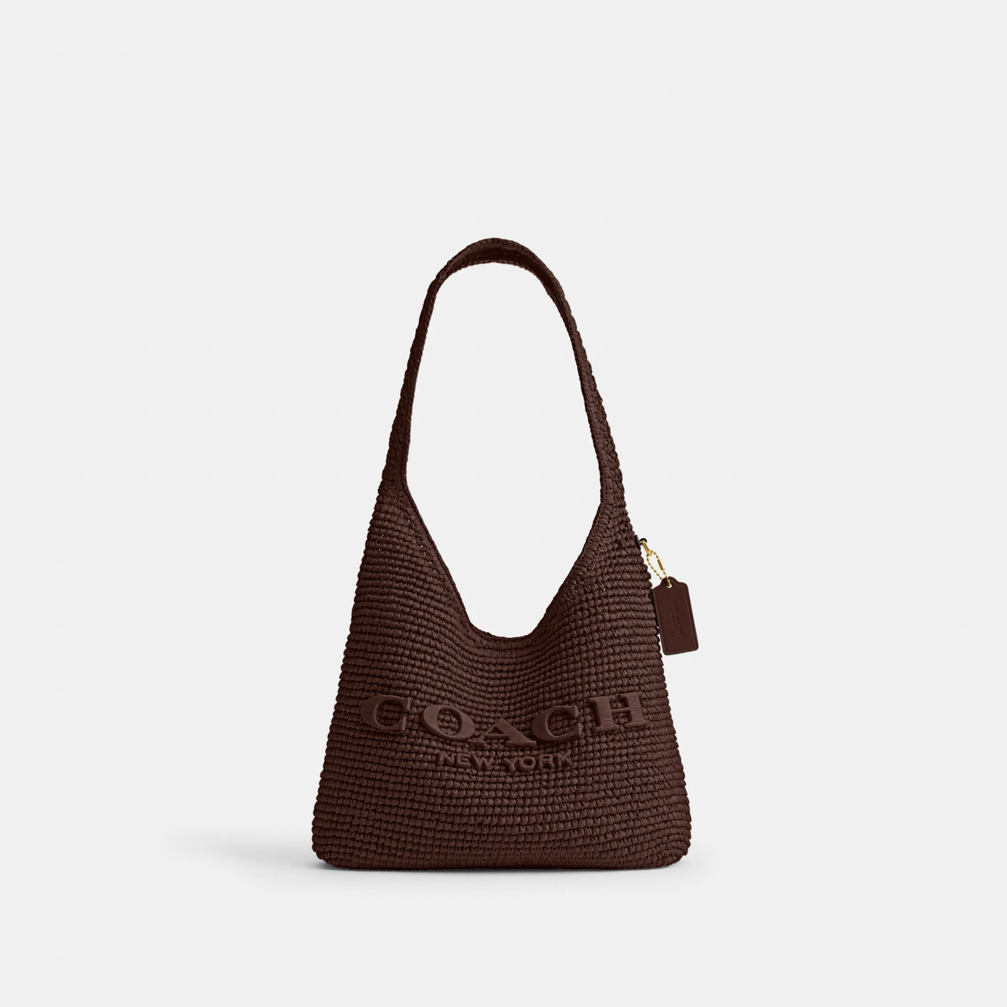 COACH®,Brooklyn Shoulder Bag 28,Calfskin Leather,Hobo,Straw,Applique,Pendant,Logo,Brass,Casual,Brown,Front View