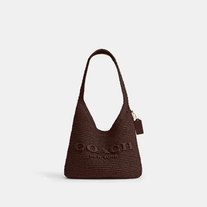 COACH®,Brooklyn Shoulder Bag 28,Calfskin Leather,Hobo,Straw,Applique,Pendant,Logo,Brass,Casual,Brown,Front View