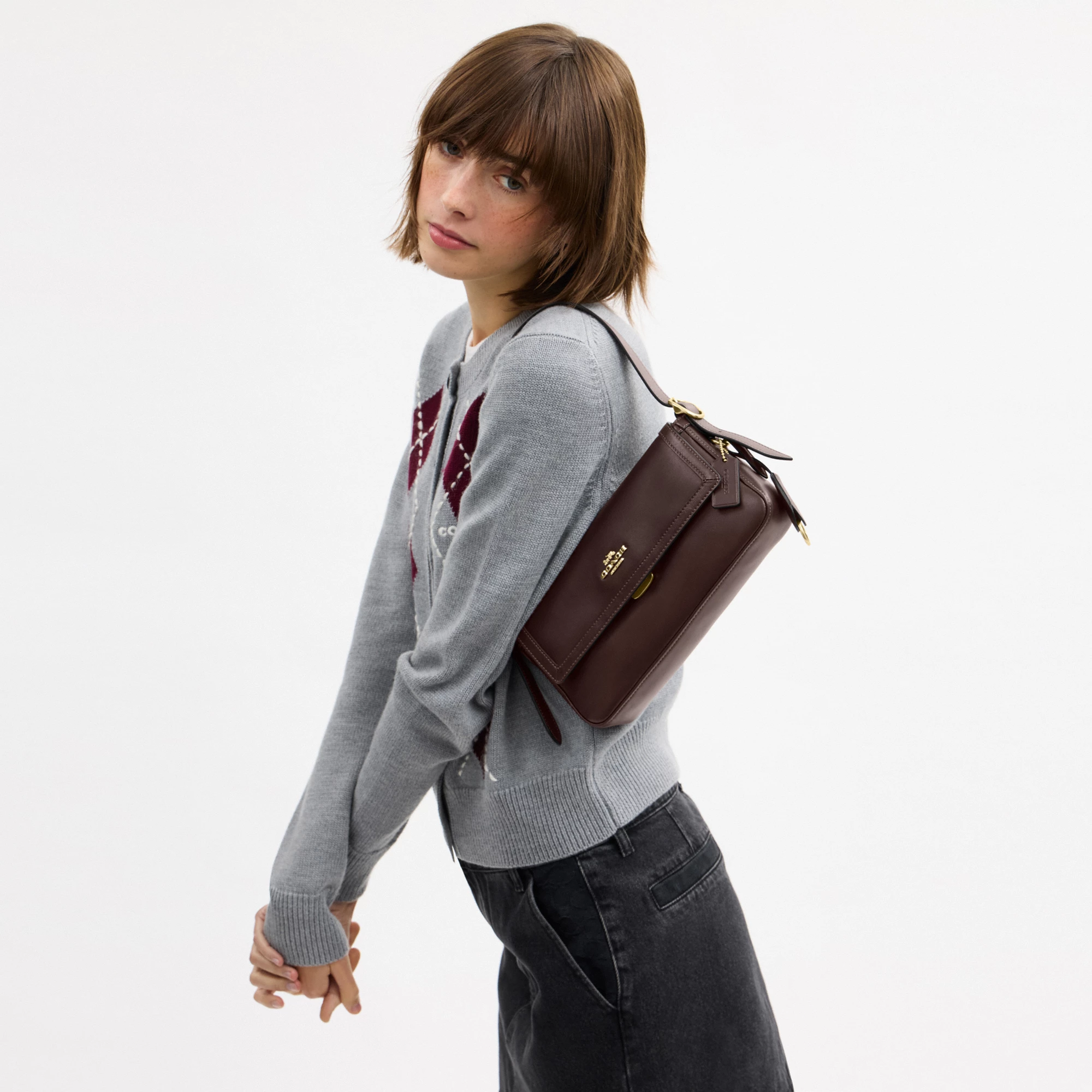 COACH®,Etta Small Flap Shoulder Bag,Leather,Fabric,Shoulder Bag,Metal,Logo,Adjustable,Compact,Lined,Gold Metal,Casual,Brown,Detail View