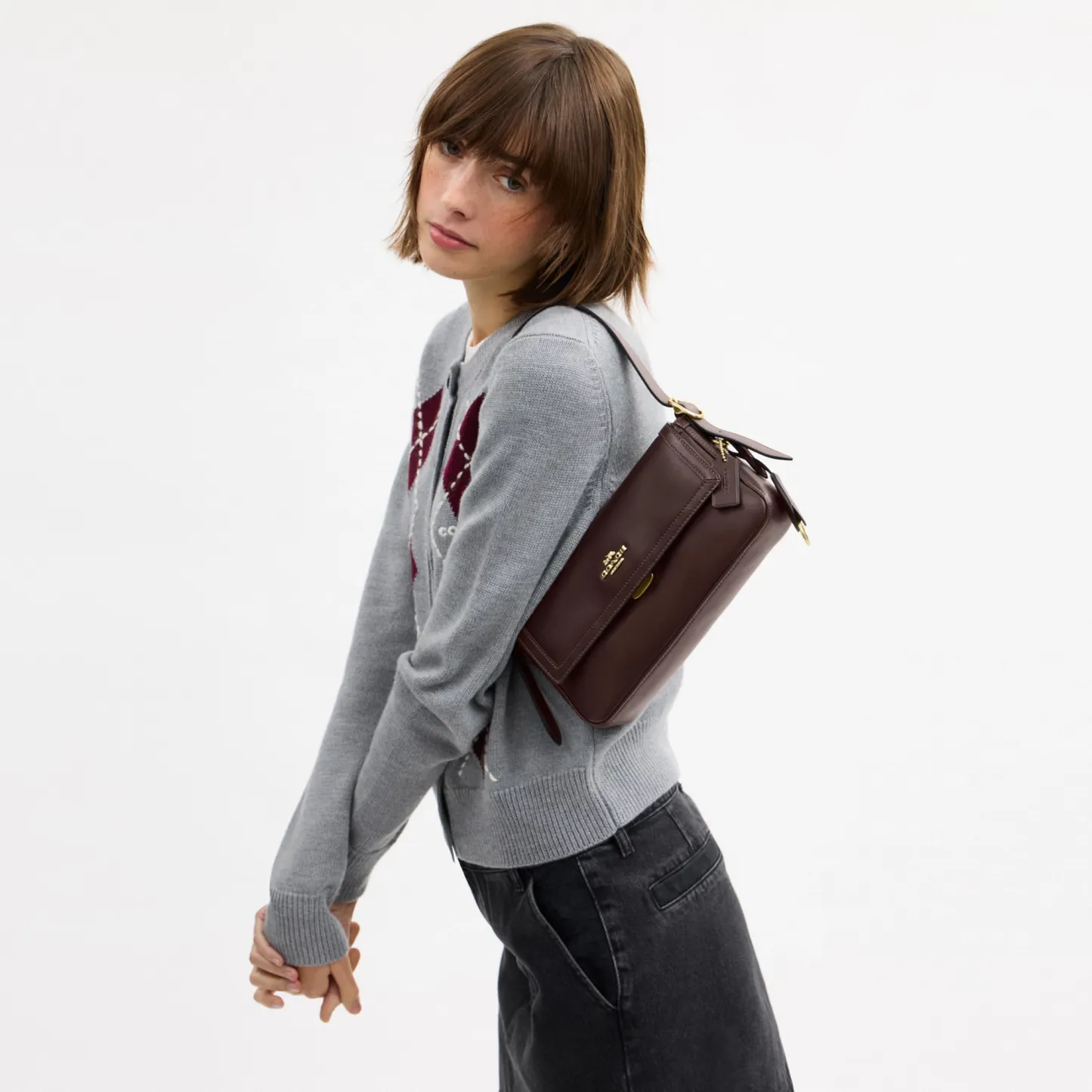 COACH®,Etta Small Flap Shoulder Bag,Leather,Fabric,Shoulder Bag,Metal,Logo,Adjustable,Compact,Lined,Gold Metal,Casual,Brown,Detail View