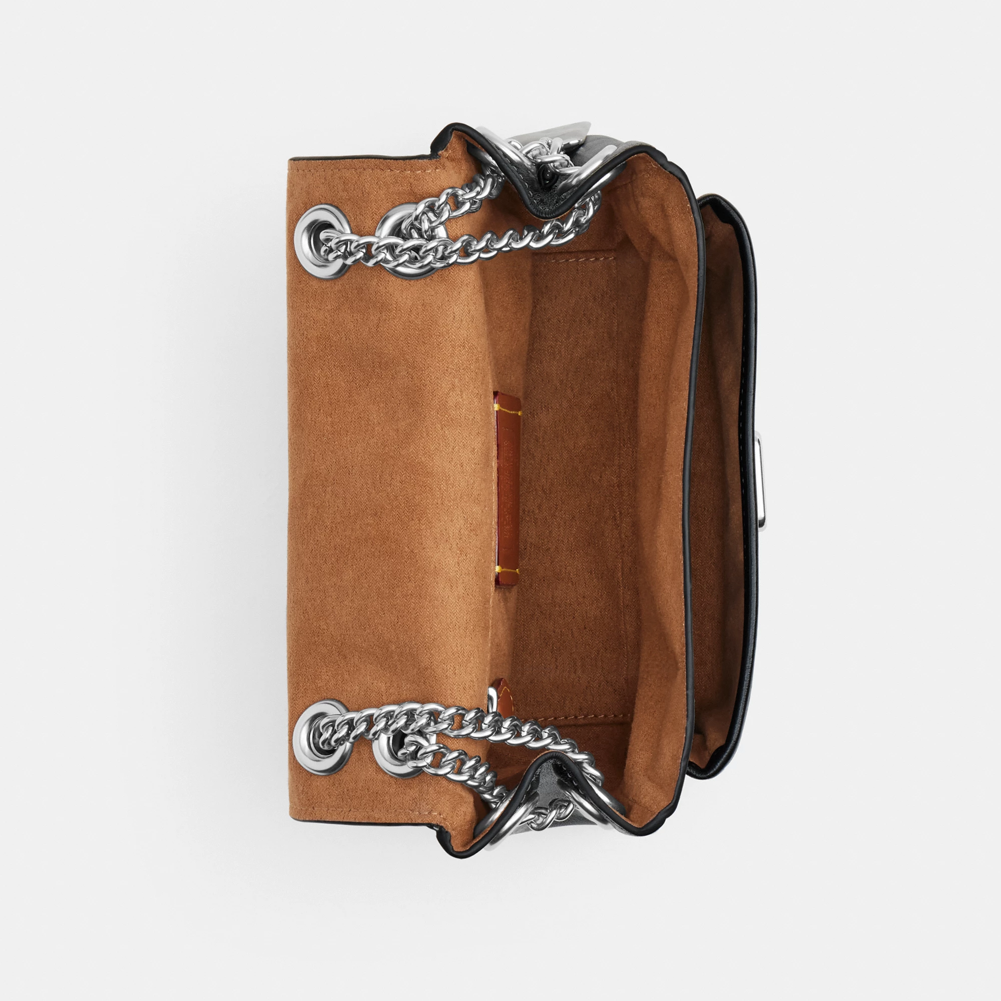 COACH®,Elodie Crossbody Bag 18,Leather,Recycled Polyester,Crossbody,Logo,Sustainable,Adjustable,Silver Metal,Casual,Black,Inside View,Top View