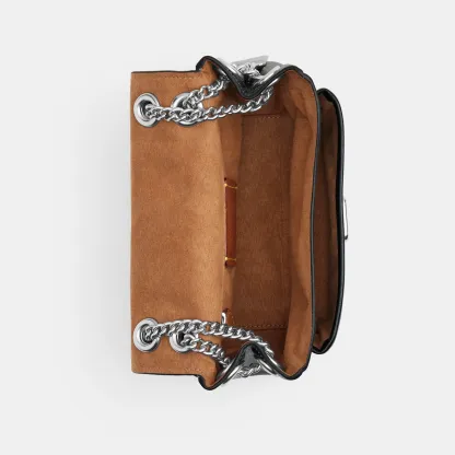 COACH®,Elodie Crossbody Bag 18,Leather,Recycled Polyester,Crossbody,Logo,Sustainable,Adjustable,Silver Metal,Casual,Black,Inside View,Top View
