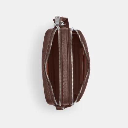 COACH®,Colton Crossbody Bag 19,Recycled Polyester,Leather,Crossbody,Logo,Sustainable,Silver Metal,Casual,Brown,Inside View,Top View