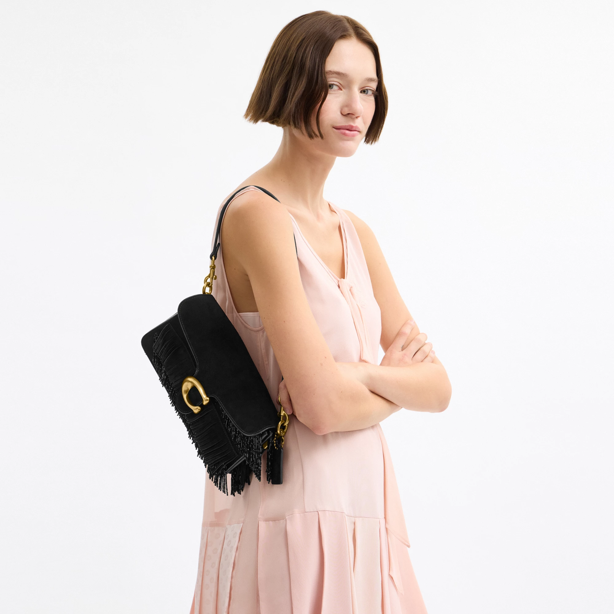 COACH®,Tabby Shoulder Bag 26 With Crystal Beaded Fringe,Leather,Lining Leather,Suede,Shoulder Bag,Crystal,Beaded,Embellish...,Black,Detail View