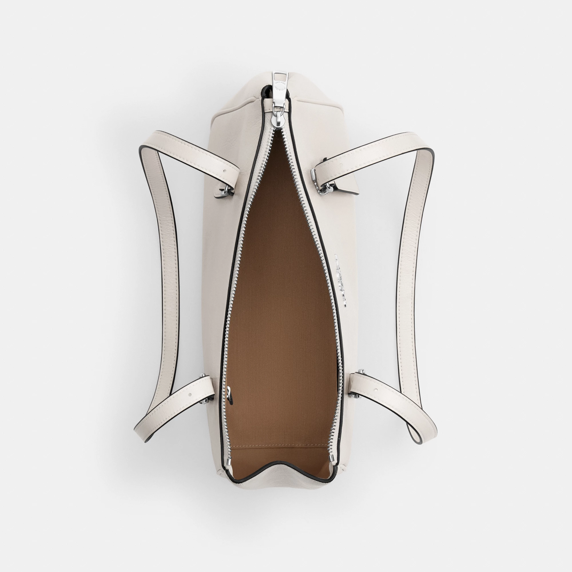 COACH®,Asher Shoulder Bag,Leather,Shoulder Bag,Logo,Metal,Luggage Tag,Adjustable,Compact,Key Ring,Lined,Silver Metal,Casual,White,Inside View,Top View