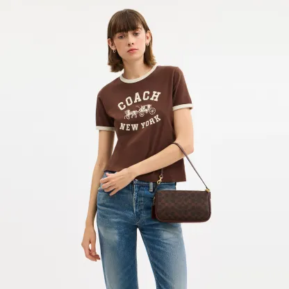 COACH®,Plaza Bag In Signature Canvas,Canvas,Wristlet,Shoulder Bag,Color Block,Pendant,Logo,Lined,Luggage Tag,Compact,Gold ...,Brown,Detail View