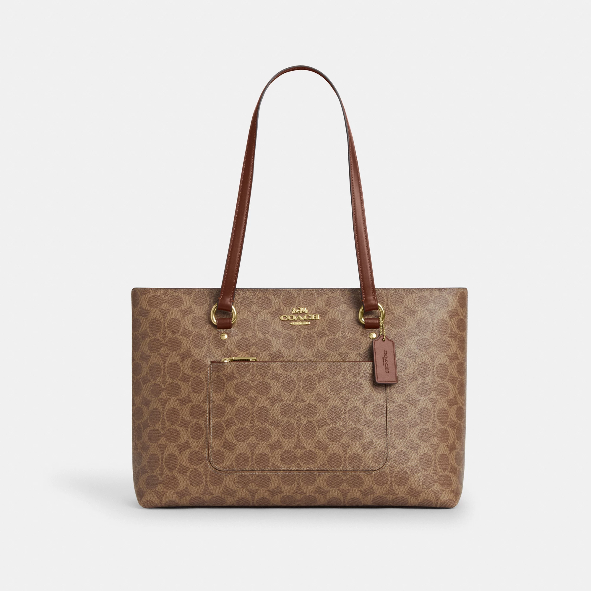 COACH®,Station Tote Bag In Signature Canvas,Canvas,Fabric,Mixed Media,Leather,Tote,Logo,Pattern,Luggage Tag,Lined,Silver M...,Brown,Front View