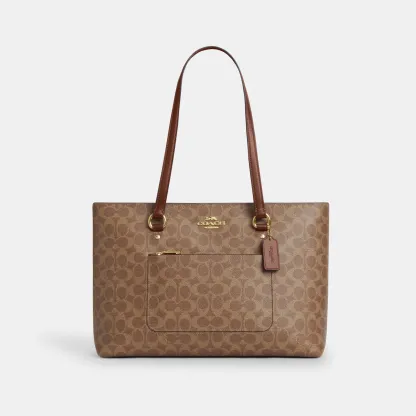 COACH®,Station Tote Bag In Signature Canvas,Canvas,Fabric,Mixed Media,Leather,Tote,Logo,Pattern,Luggage Tag,Lined,Silver M...,Brown,Front View