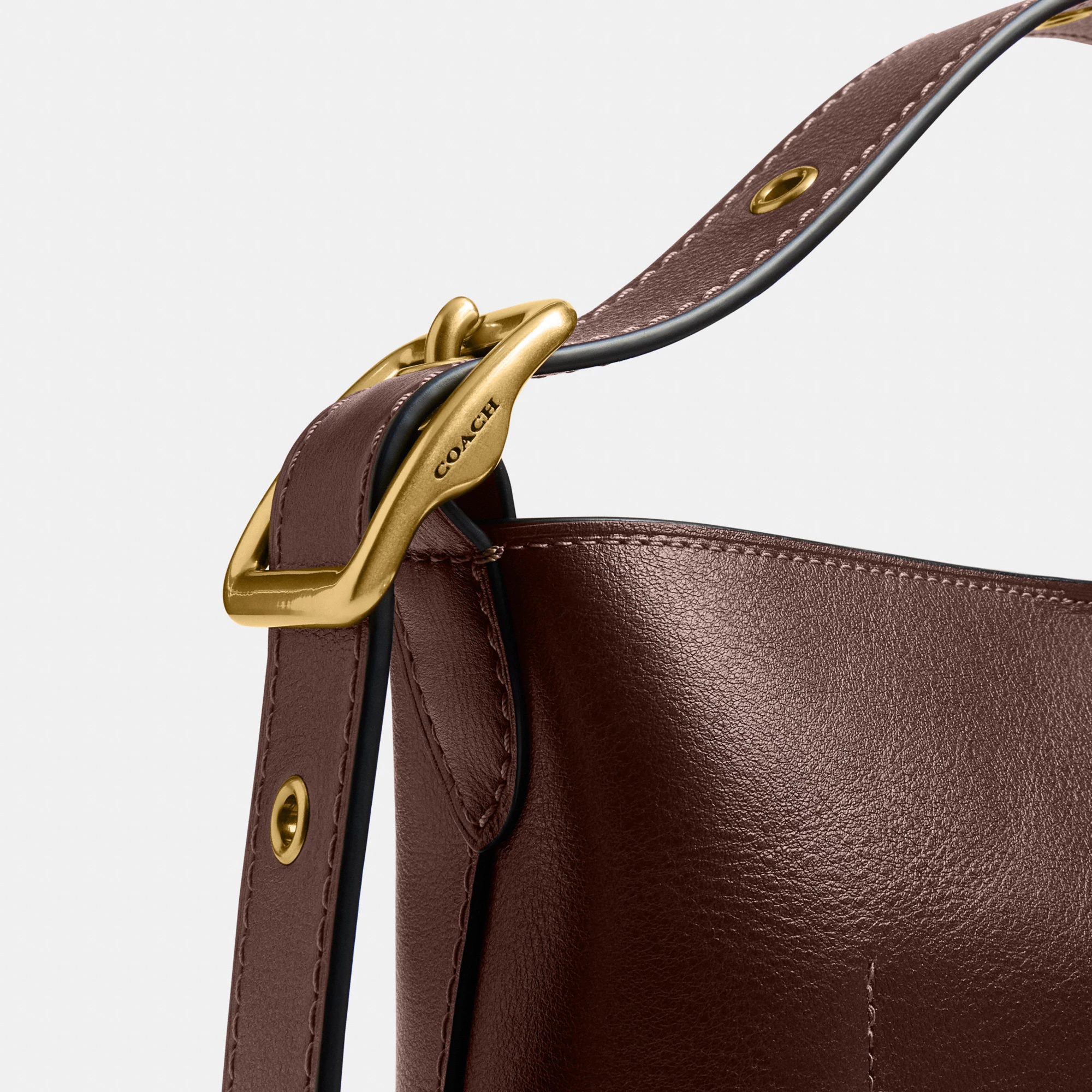 COACH®,Bleecker Bucket Bag 21,Leather,Bucket,Adjustable,Compact,Removable Pouch,Gold Metal,Casual,Brown,Closer View