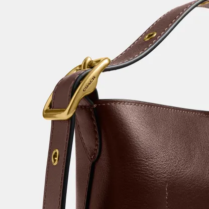 COACH®,Bleecker Bucket Bag 21,Leather,Bucket,Adjustable,Compact,Removable Pouch,Gold Metal,Casual,Brown,Closer View