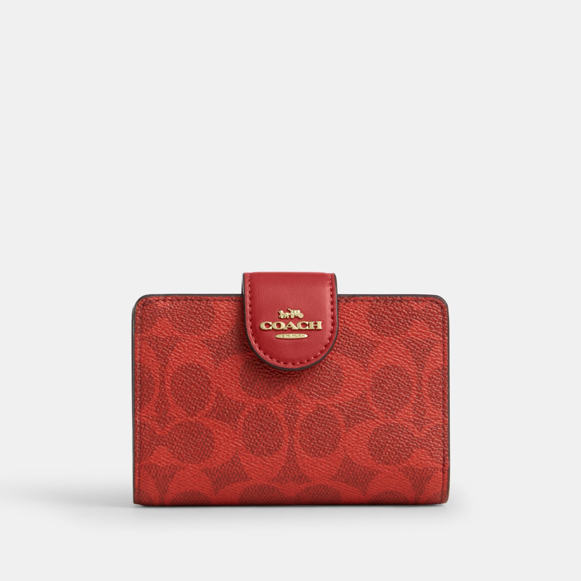 COACH®,Medium Corner Zip Wallet In Signature Canvas,Bi Fold,Coin,Sustainable,Casual,Red,Front View