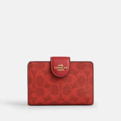 COACH®,Medium Corner Zip Wallet In Signature Canvas,Bi Fold,Coin,Sustainable,Casual,Red,Front View
