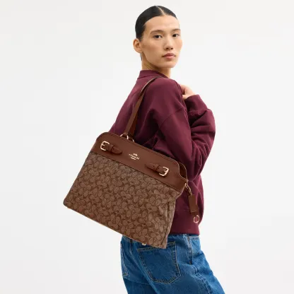 COACH®,Easton Tote Bag In Signature Chenille,Leather,Tote,Logo,Color Block,Lined,Stain Resistant,Gold Metal,Work,Brown,Detail View