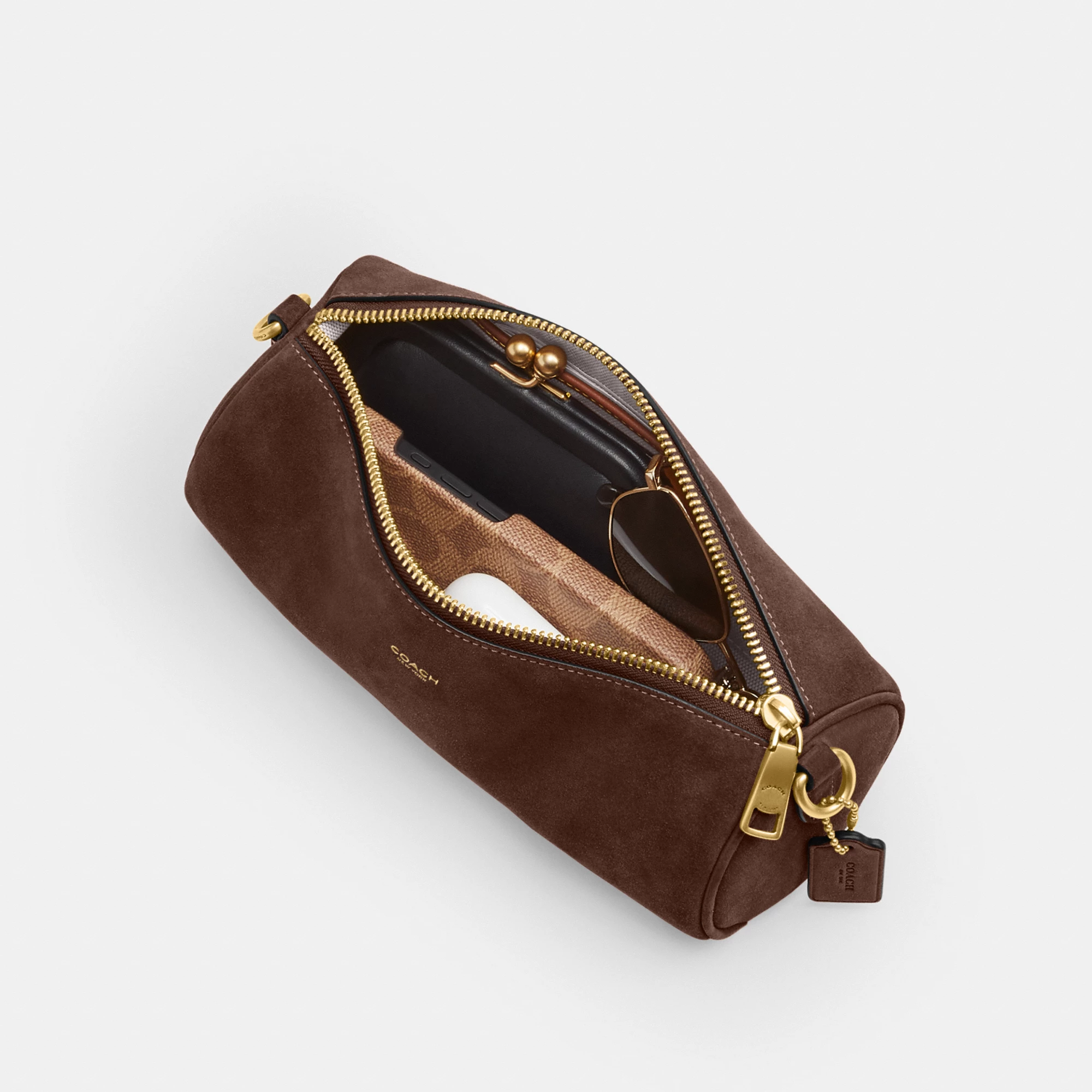 COACH®,Barrel Bag,Calfskin Leather,Suede,Barrel Bag,Pendant,Lined,Adjustable,Brass,Casual,Brown,Inside View,Top View