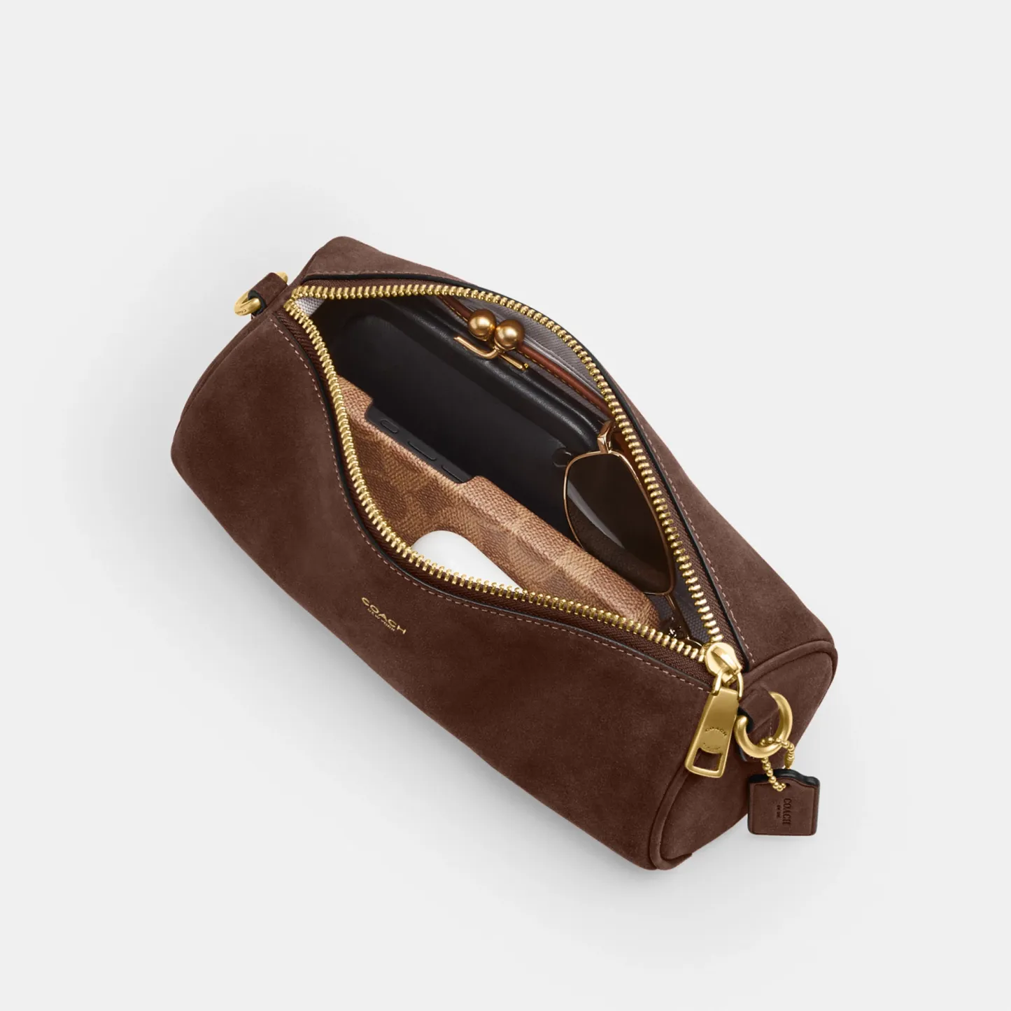 COACH®,Barrel Bag,Calfskin Leather,Suede,Barrel Bag,Pendant,Lined,Adjustable,Brass,Casual,Brown,Inside View,Top View