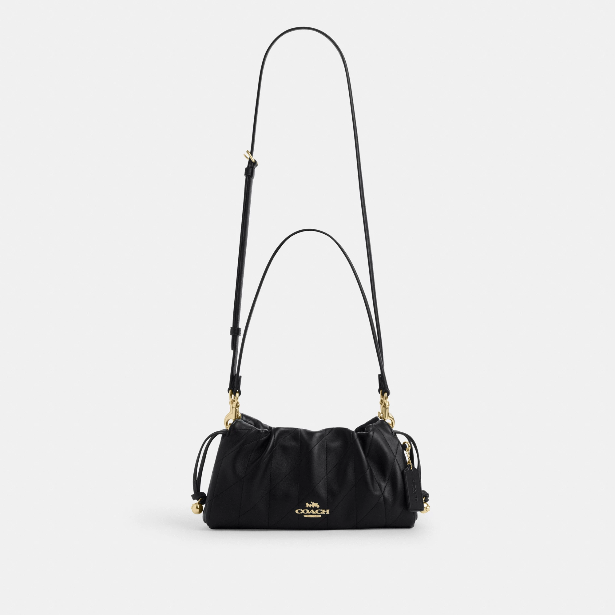 COACH®,Faye Shoulder Bag With Quilting,Shoulder Bag,Ball Embellishment,Logo,Metal,Lined,Adjustable,Gold Metal,Day Party,Black
