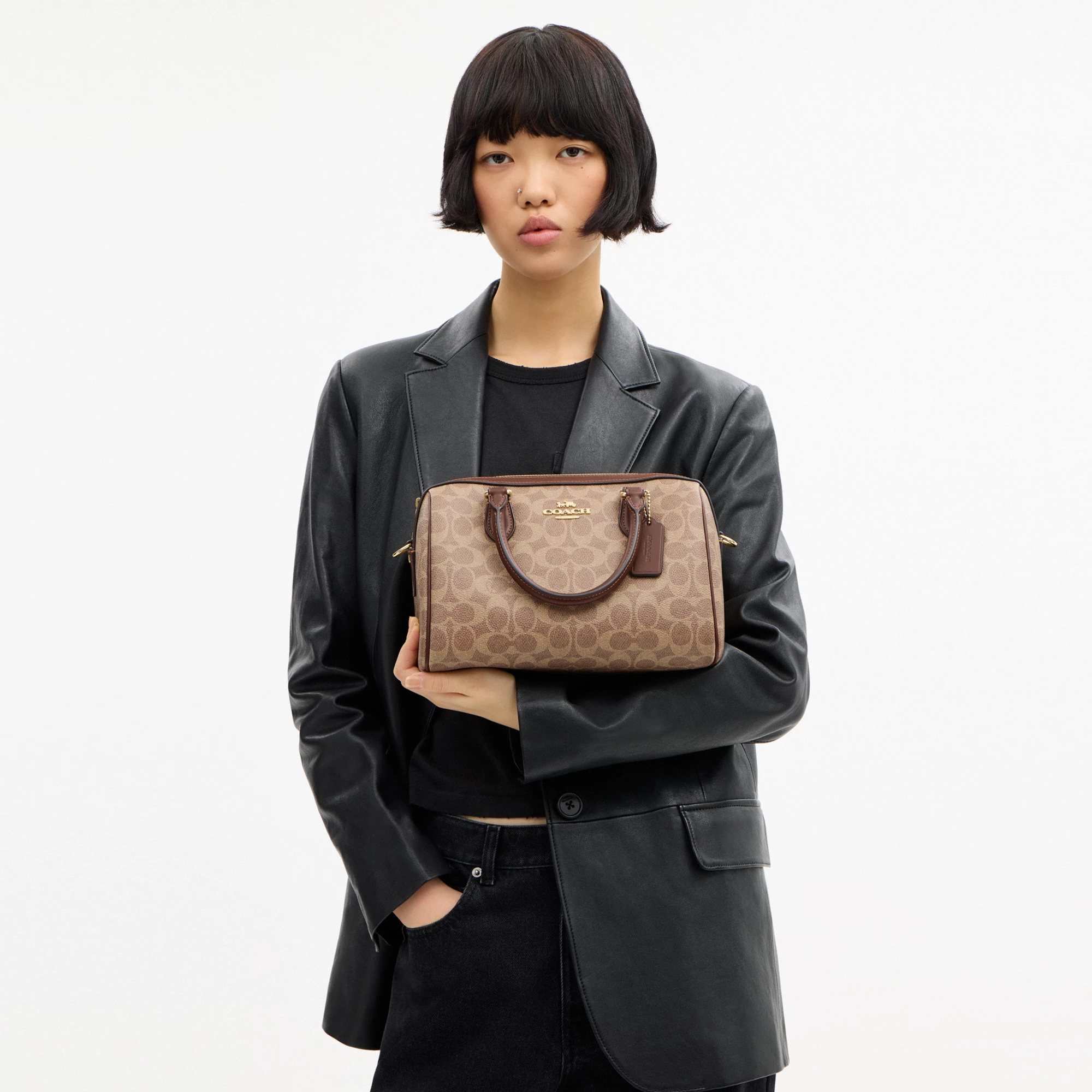 COACH®,Rowan Satchel Bag In Signature Canvas,Satchel,Piping,Casual,Work,Brown,Detail View
