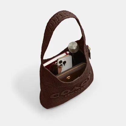 COACH®,Brooklyn Shoulder Bag 28,Calfskin Leather,Hobo,Straw,Applique,Pendant,Logo,Brass,Casual,Brown,Inside View,Top View