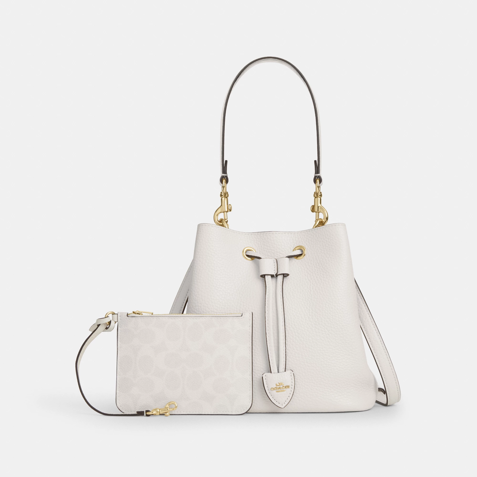 COACH®,Rowan Bucket Bag,Leather,Bucket,Metal,Logo,Casual,White,Angle View