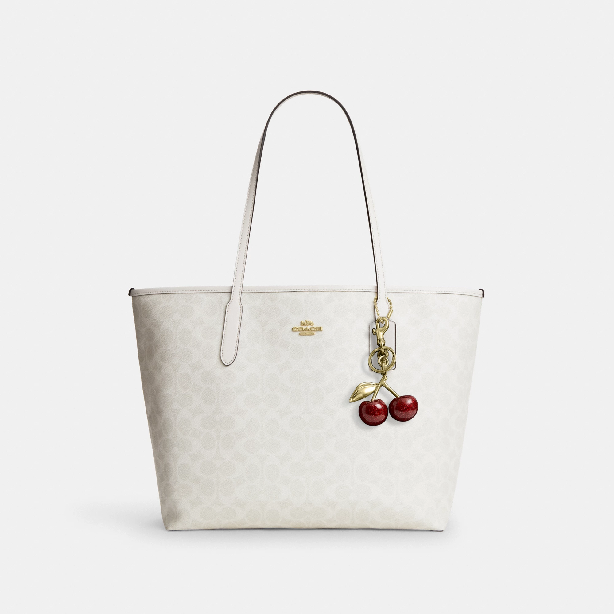 COACH®,City Tote Bag In Signature Canvas,Tote,Metal,Tag Embellishment,Color Block,Embossed,Piping,Logo,Casual,Gray,Angle View