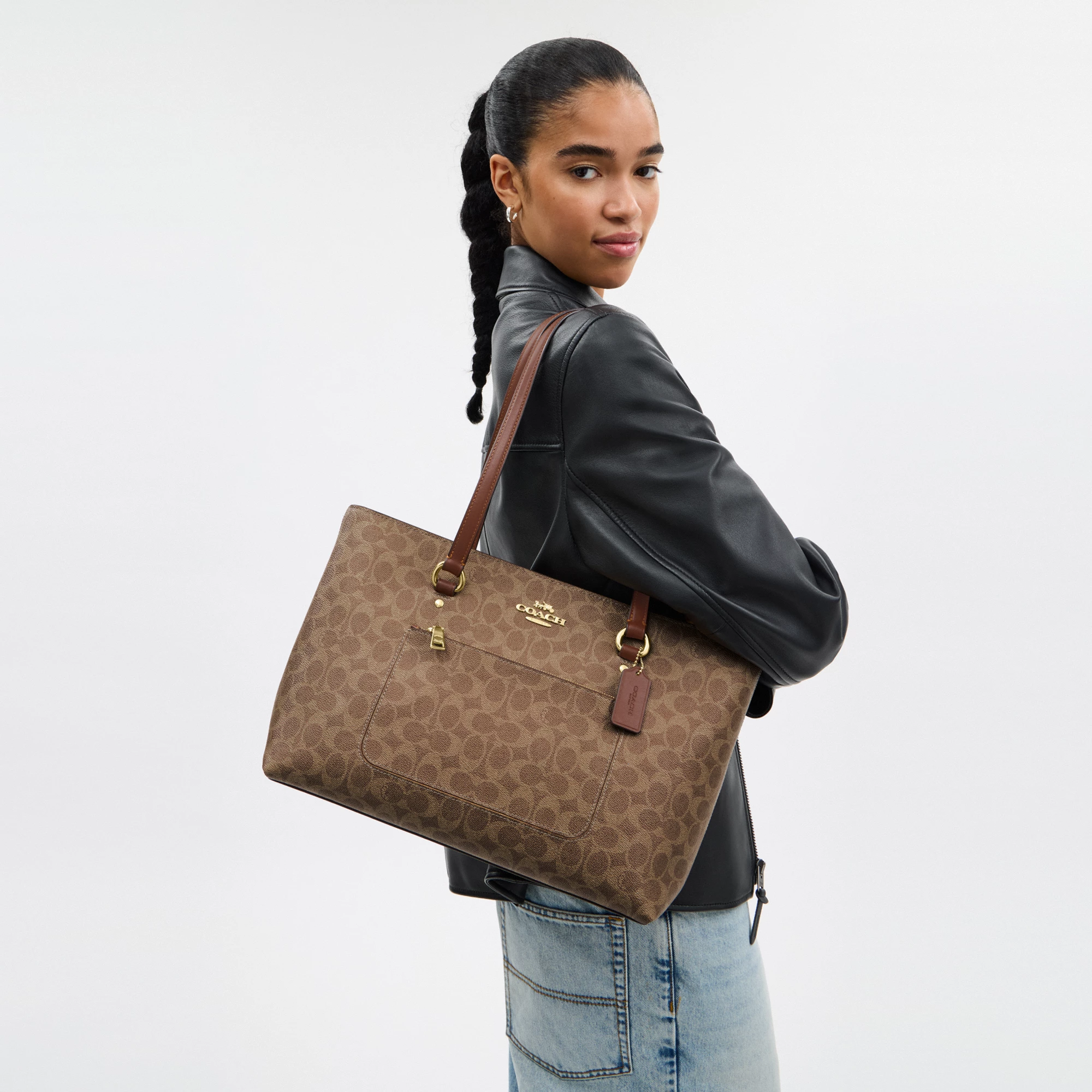 COACH®,Station Tote Bag In Signature Canvas,Canvas,Fabric,Mixed Media,Leather,Tote,Logo,Pattern,Luggage Tag,Lined,Silver M...,Brown,Detail View