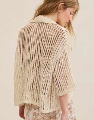 Aerie Short Sleeve Polo Sweater - Natural