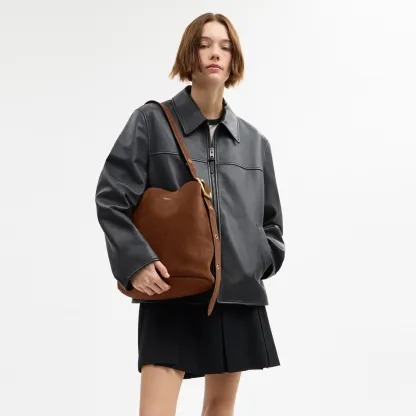 COACH®,Bleecker Bucket Bag,Leather,Suede,Bucket,Hobo,Embellished,Lined,Adjustable,Gold Metal,Casual,Brown,Detail View