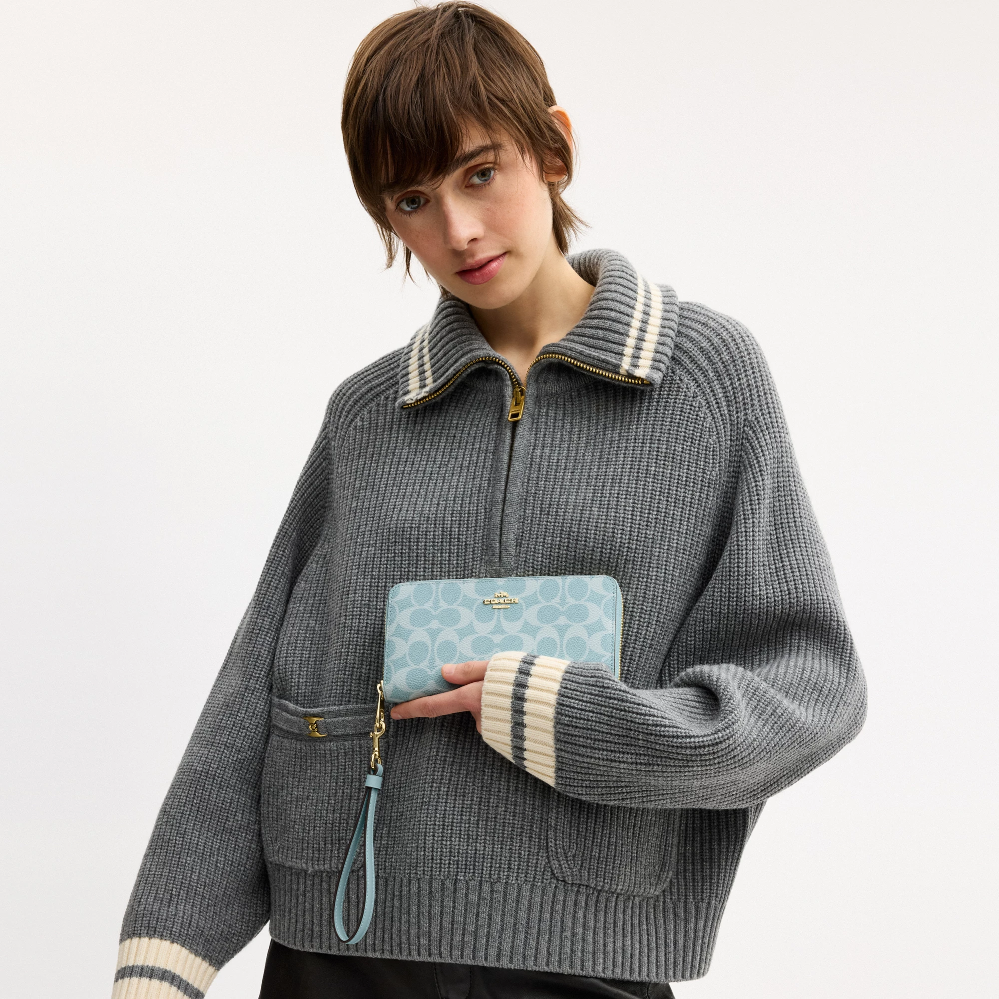 COACH®,Long Zip Around Wallet In Signature Canvas,Continental,Coin,Sustainable,Casual,Blue,Detail View