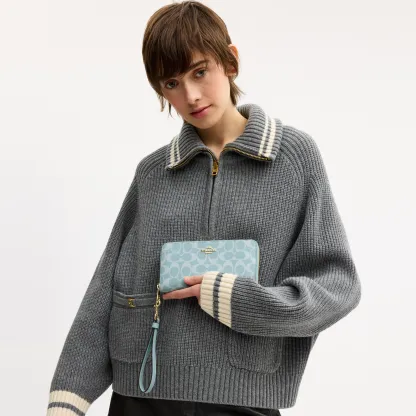 COACH®,Long Zip Around Wallet In Signature Canvas,Continental,Coin,Sustainable,Casual,Blue,Detail View